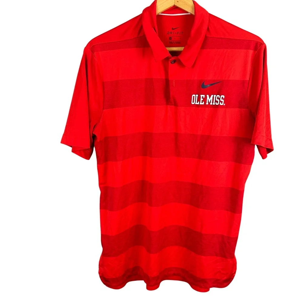 Nike Dri-FIT Ole Miss Rebels Mens Medium Red Striped Performance Golf Polo Shirt